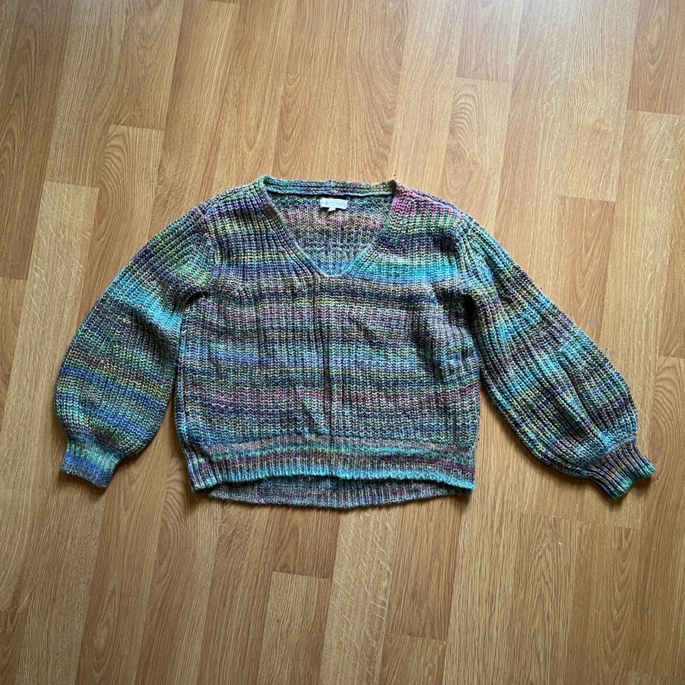 Lou & Grey Loft Knit Rainbow Sweater Womens Med Multicolor V-Neck Space Dye Boho